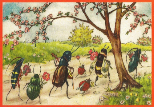 Postkarte  vermenschlichte Tiere beglittert 6Vg002