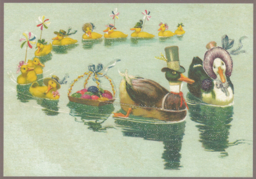 Postkarte vermenschlichte Tiere beglittert 6Vg005