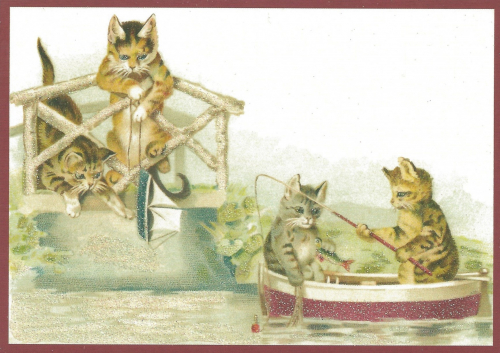 Postkarte  vermenschlichte Tiere beglittert 6Vg017