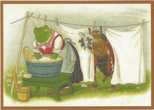 Postkarte  vermenschlichte Tiere beglittert 6Vg011