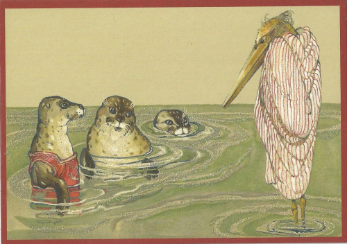 Postkarte vermenschlichte Tiere beglittert 6Vg010