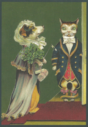 Postkarte vermenschlichte Tiere beglittert 6Vg021