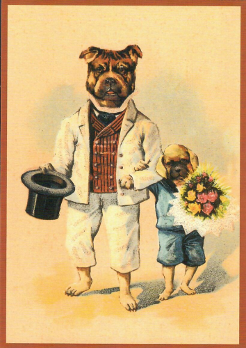 Postkarte vermenschlichte Tiere beglittert 6Vg047