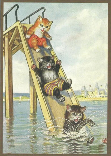 Postkarte vermenschlichte Tiere beglittert 6Vg058