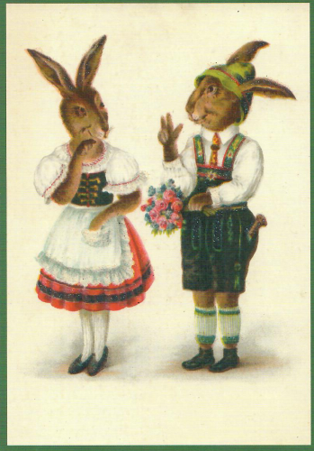 Postkarte vermenschlichte Tiere beglittert 6Vg055