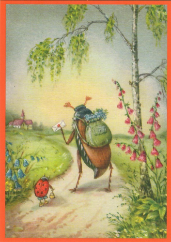 Postkarte vermenschlichte Tiere beglittert 6Vg079