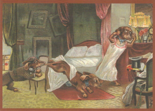 Postkarte vermenschlichte Tiere beglittert 6Vg082