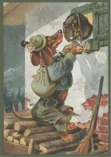 Postkarte vermenschlichte Tiere beglittert 6Vg083