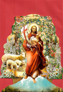 Aufstellkarte Ostern 104, gold geprägt- Schafe im Blumengarten