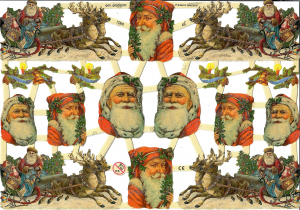 Glanzbildbögen Weihnachten, silber beglittert, g7260 - Weihnachtsmann, Rentierschlitten