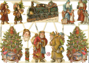 Glanzbildbögen Weihnachten, silber beglittert, g7243 - Weihnachtsmänner, Lokomotive, Weihnachtsbäume
