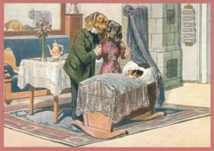 Postkarte vermenschlichte Tiere beglittert 6Vg090